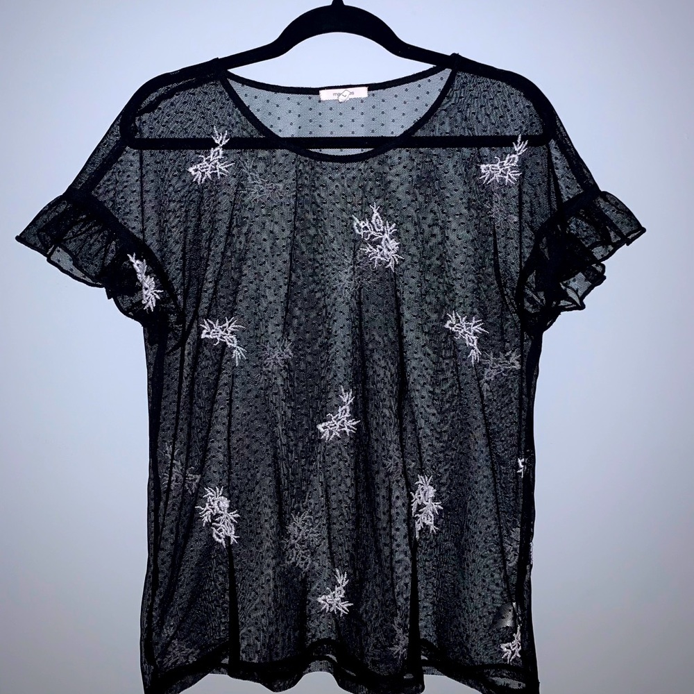 Black Short Sleeve with White Floral Embroidery
